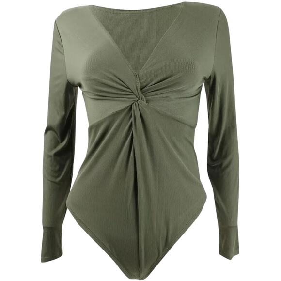 Bar III Dusty Olive Ribbed Twist Front Bodysuit Size Small NWT - Picture 4 of 9